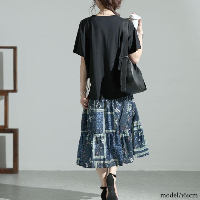 花柄切替えティアードワンピース