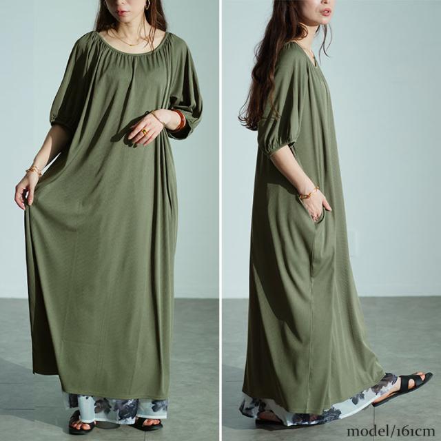 パフスリーブギャザーマキシワンピース