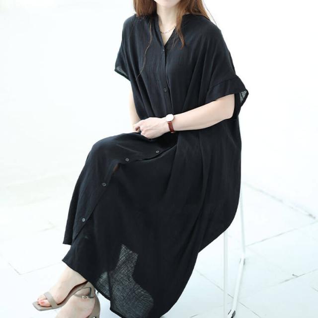 キーネックバックギャザーワッシャーワンピース