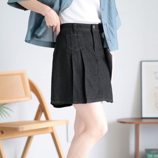 パンツ裏地付きプリーツデニムミニスカート