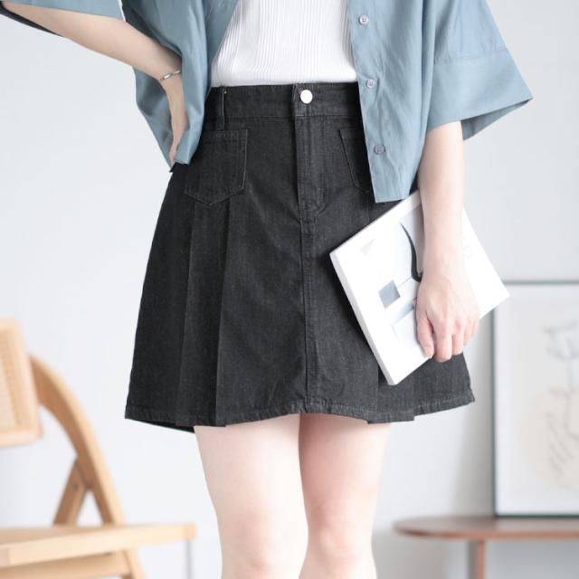 パンツ裏地付きプリーツデニムミニスカート