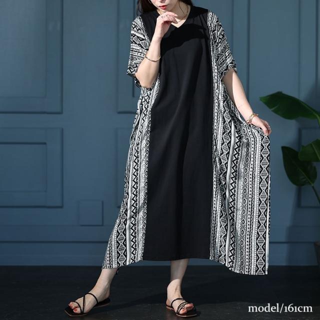 接触冷感エスニック柄切り替えワンピース