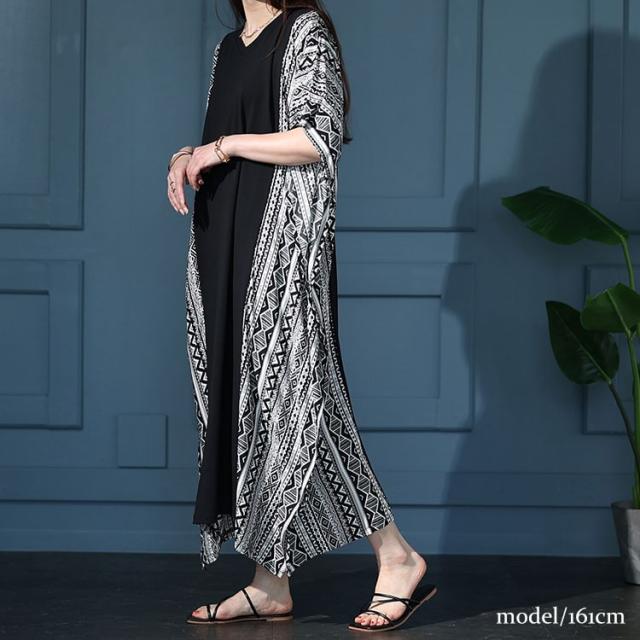 接触冷感エスニック柄切り替えワンピース