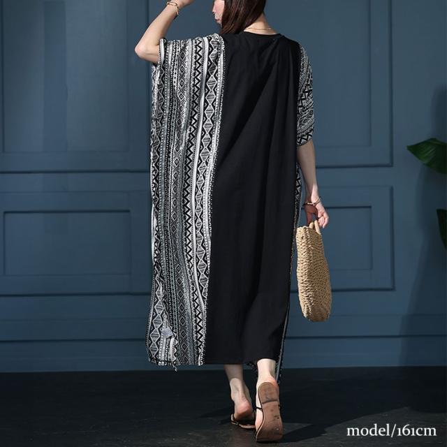 接触冷感エスニック柄切り替えワンピース
