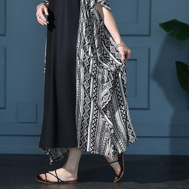 接触冷感エスニック柄切り替えワンピース