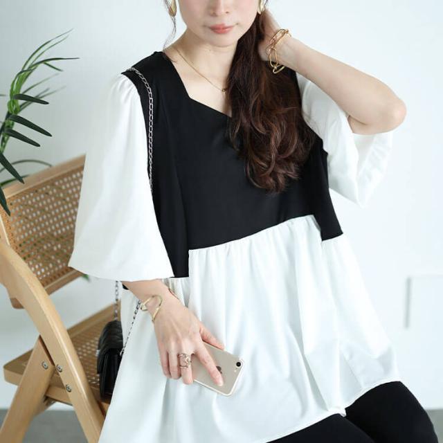 接触冷感ハートネック切り替えペプラムプルオーバー