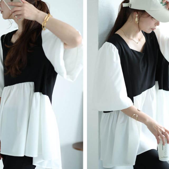 接触冷感ハートネック切り替えペプラムプルオーバー