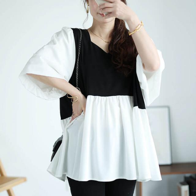 接触冷感ハートネック切り替えペプラムプルオーバー