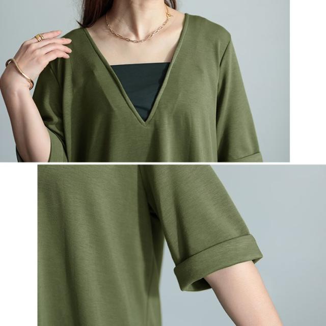 Vネック異素材ドッキングワンピース