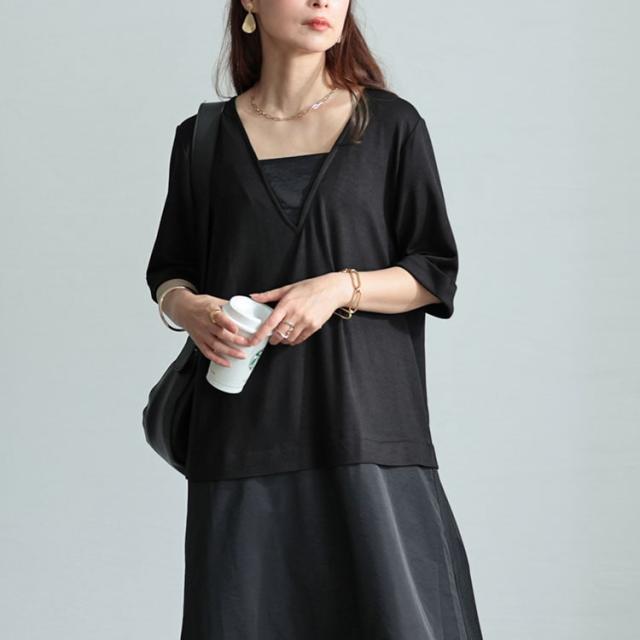 Vネック異素材ドッキングワンピース
