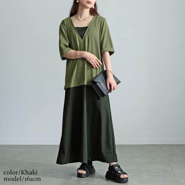 Vネック異素材ドッキングワンピース