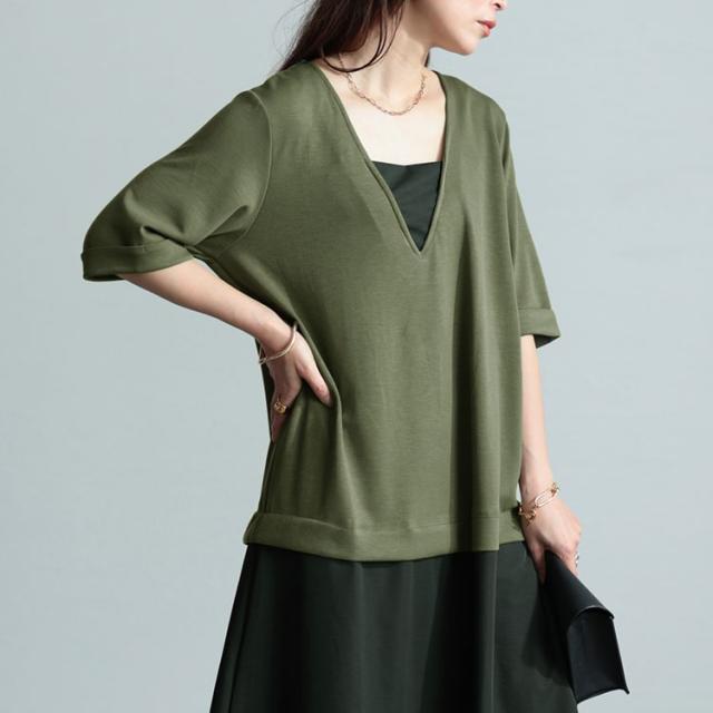 Vネック異素材ドッキングワンピース