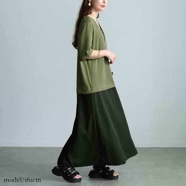 Vネック異素材ドッキングワンピース