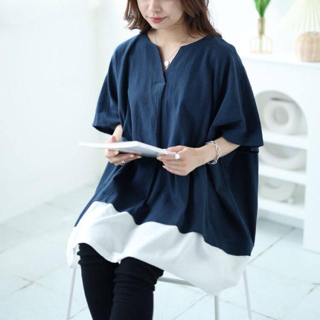 フェイクレイヤードキーネックドルマンチュニック