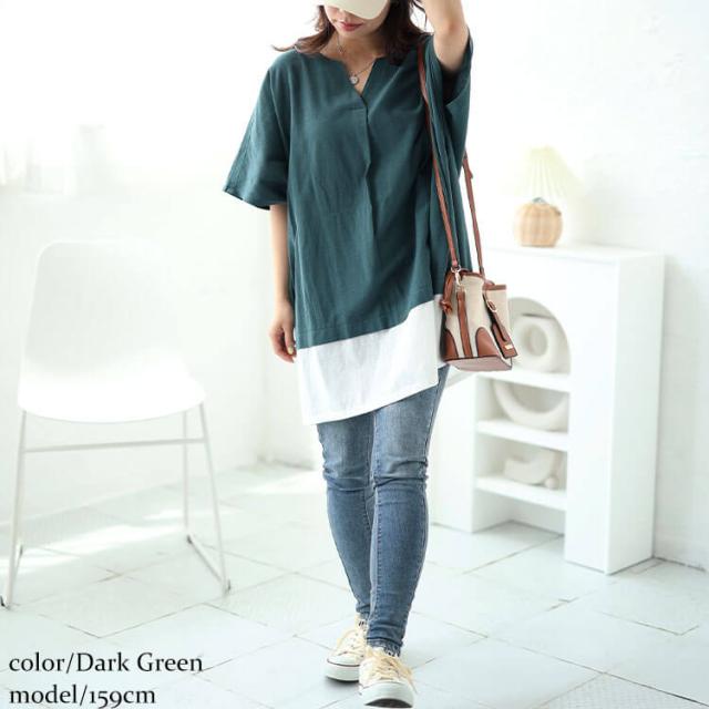 フェイクレイヤードキーネックドルマンチュニック