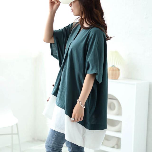 フェイクレイヤードキーネックドルマンチュニック