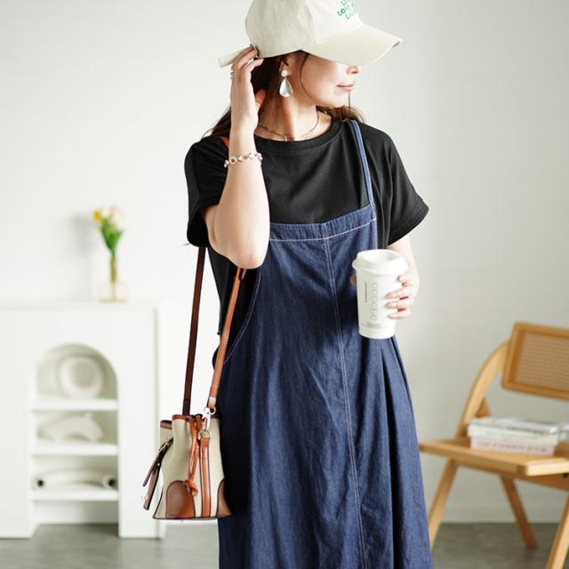 ラウンドネックTシャツ＆デニムキャミワンピ2点セット