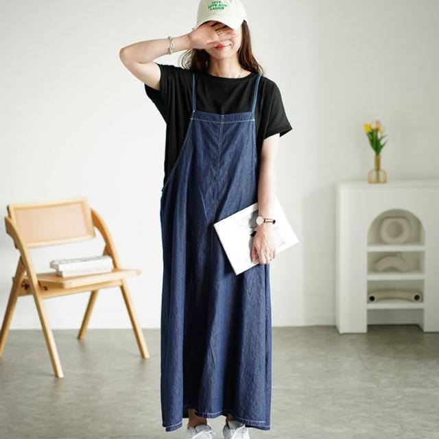 ラウンドネックTシャツ＆デニムキャミワンピ2点セット