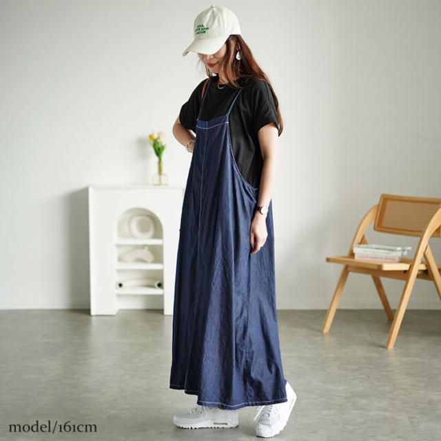 ラウンドネックTシャツ＆デニムキャミワンピ2点セット