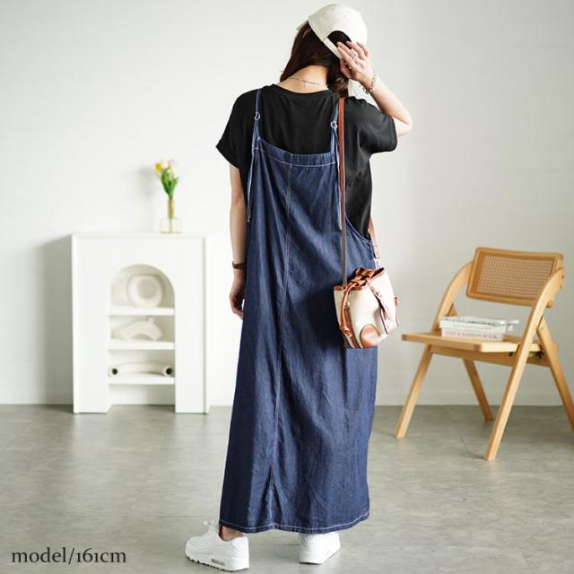 ラウンドネックTシャツ＆デニムキャミワンピ2点セット