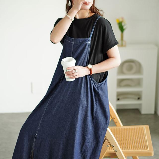 ラウンドネックTシャツ＆デニムキャミワンピ2点セット