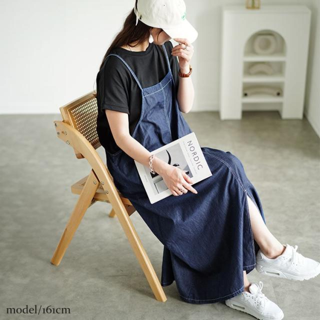 ラウンドネックTシャツ＆デニムキャミワンピ2点セット