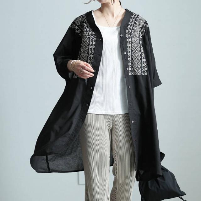 エスニック刺繍Vネックインド綿チュニック