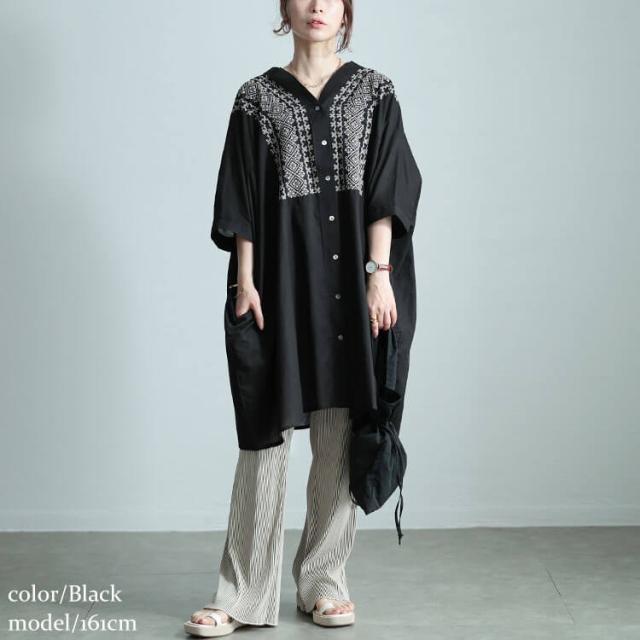 エスニック刺繍Vネックインド綿チュニック