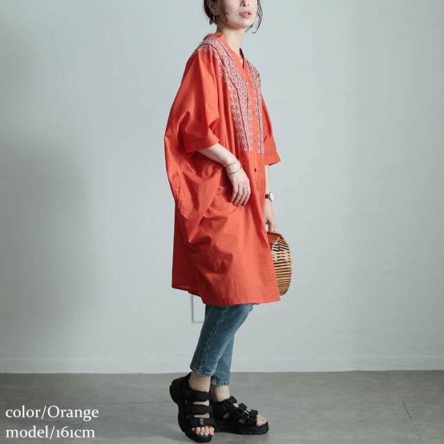 エスニック刺繍Vネックインド綿チュニック