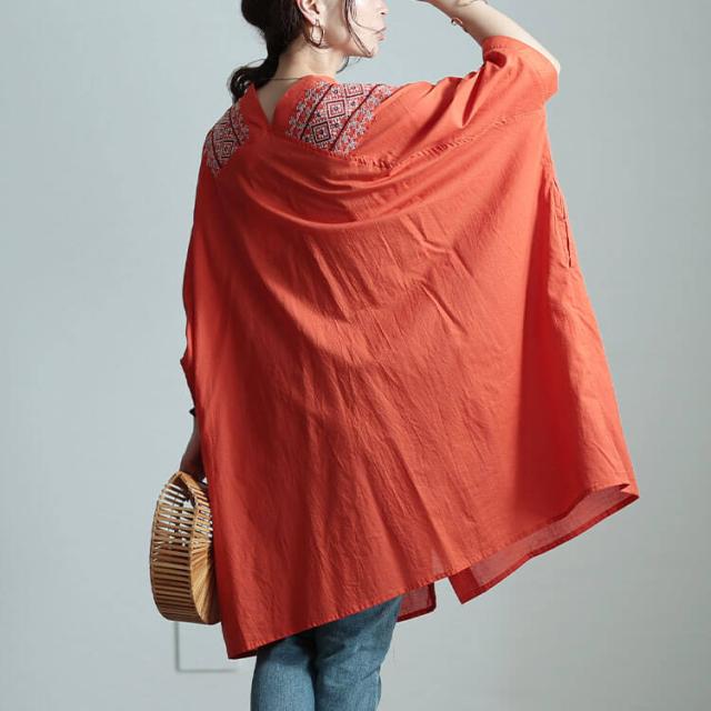 エスニック刺繍Vネックインド綿チュニック