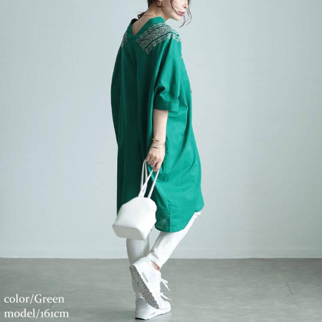 エスニック刺繍Vネックインド綿チュニック