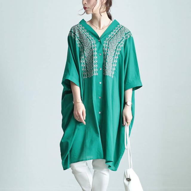 エスニック刺繍Vネックインド綿チュニック