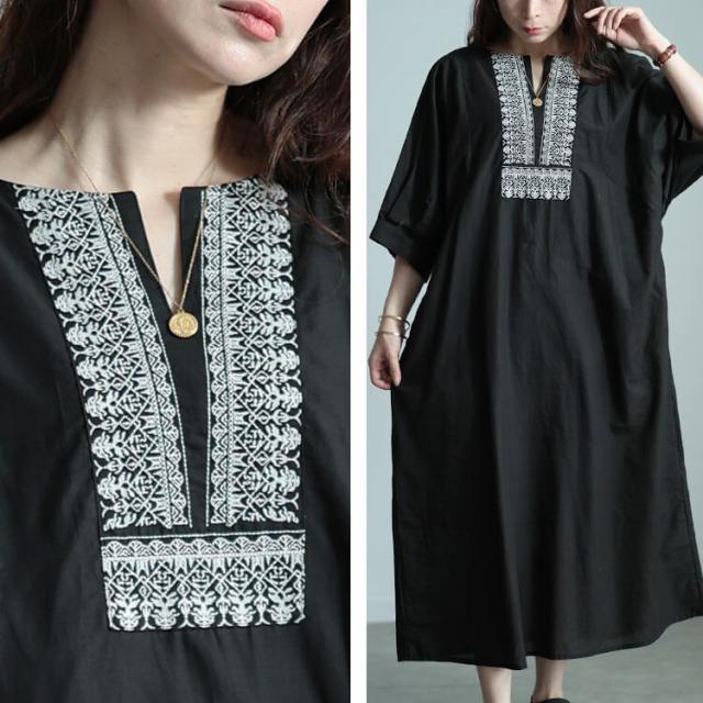 エスニック刺繍キーネックインド綿ワンピース