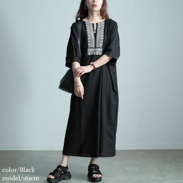 エスニック刺繍キーネックインド綿ワンピース