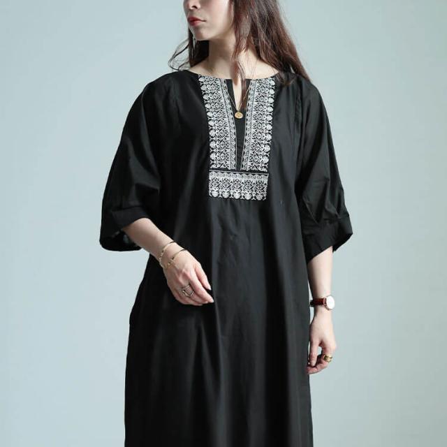 エスニック刺繍キーネックインド綿ワンピース