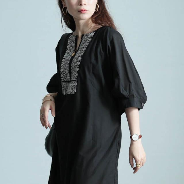 エスニック刺繍キーネックインド綿ワンピース