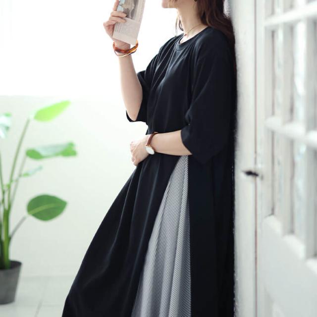 ストライプ切り替えアシンメトリーワンピース