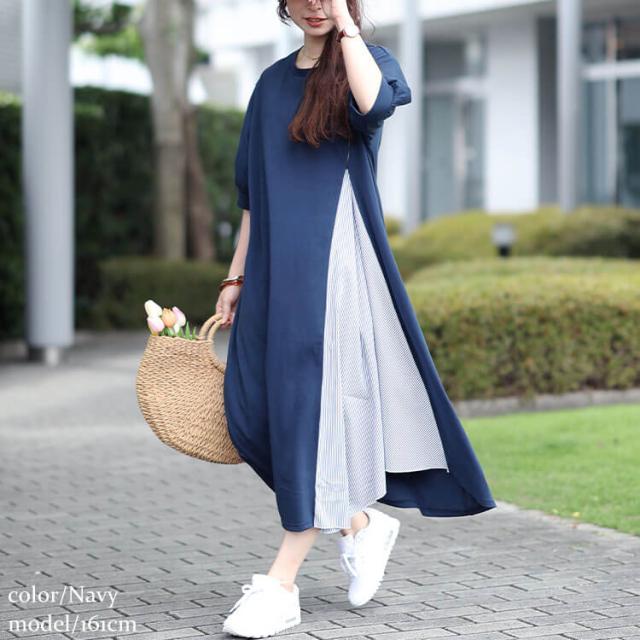 ストライプ切り替えアシンメトリーワンピース