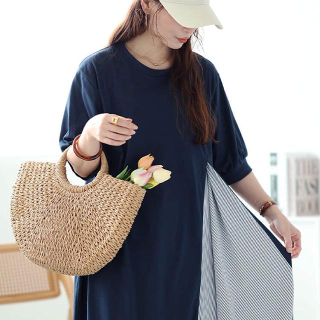 ストライプ切り替えアシンメトリーワンピース