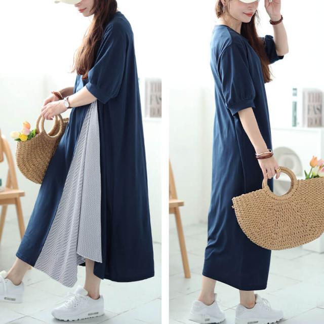 ストライプ切り替えアシンメトリーワンピース