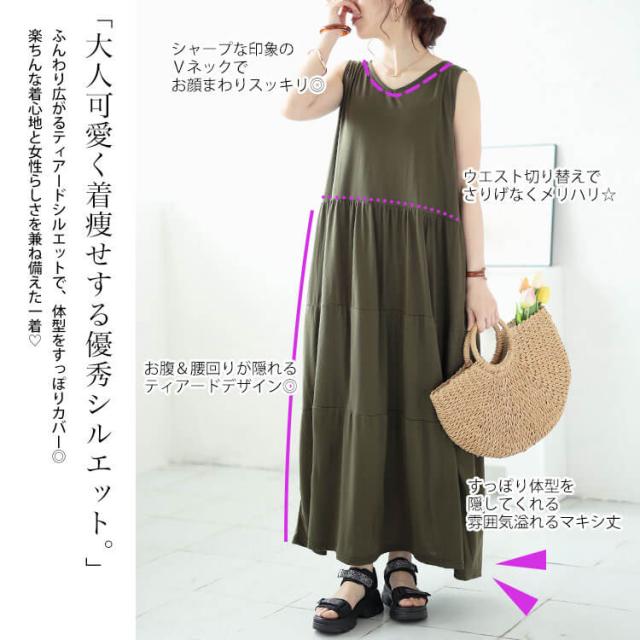 Vネックノースリーブティアードワンピース