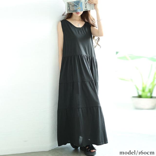 Vネックノースリーブティアードワンピース