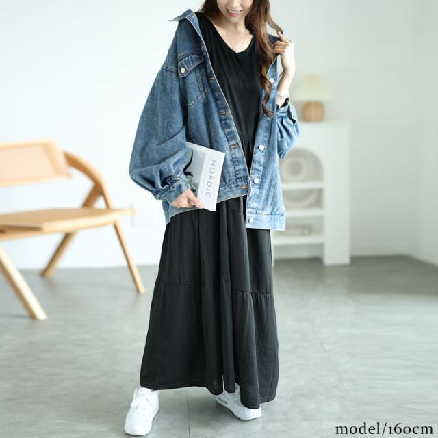 Vネックノースリーブティアードワンピース