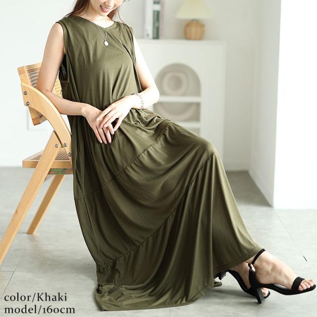 Vネックノースリーブティアードワンピース