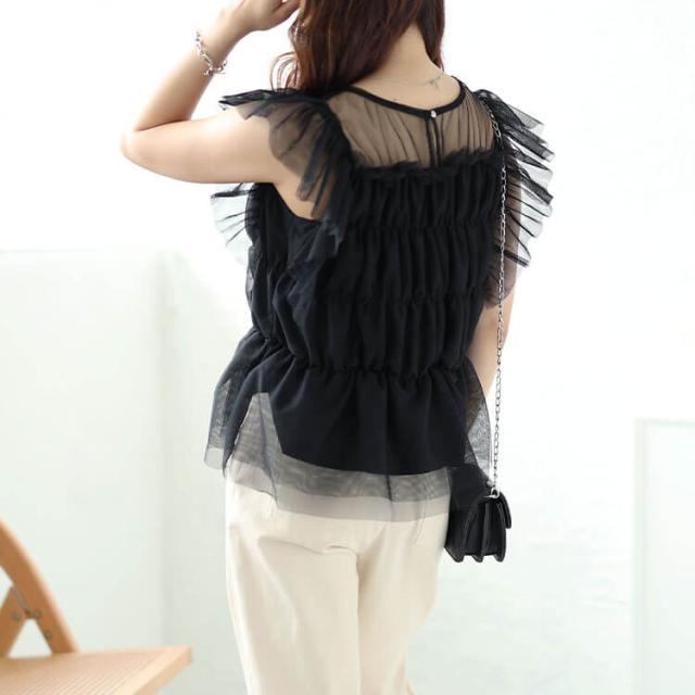 チュールシャーリングペプラムトップス