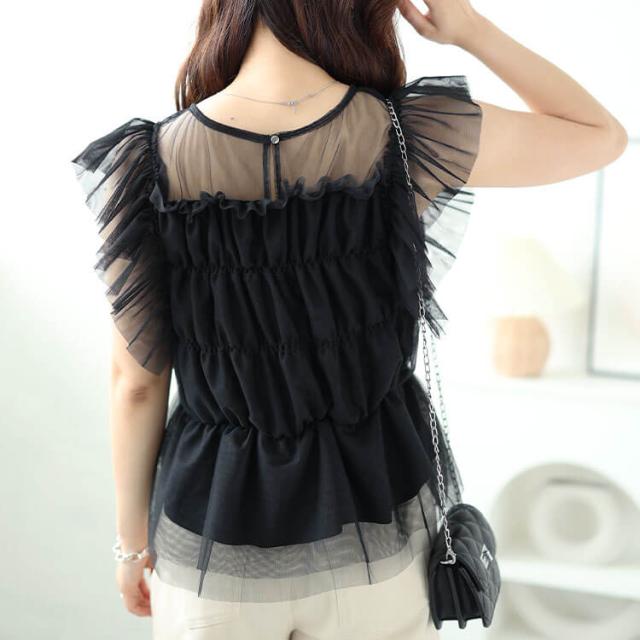 チュールシャーリングペプラムトップス