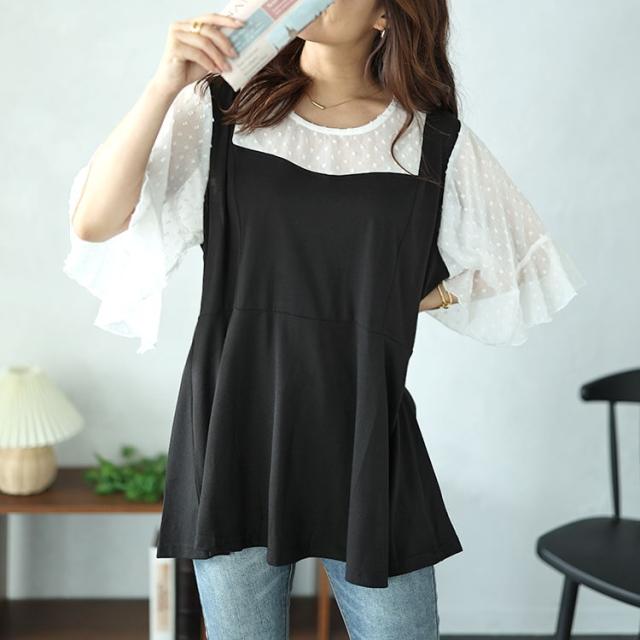 ドットシアーブラウスドッキングペプラムビスチェトップス