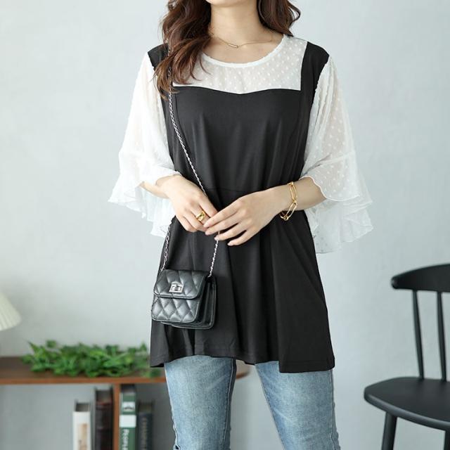 ドットシアーブラウスドッキングペプラムビスチェトップス