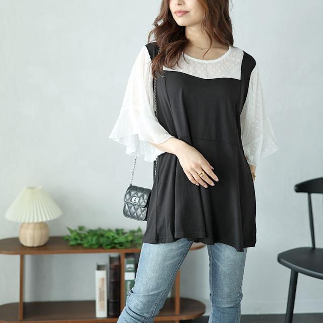 ドットシアーブラウスドッキングペプラムビスチェトップス