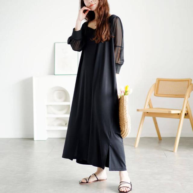 シアースリーブダイヤモンドネックワンピース